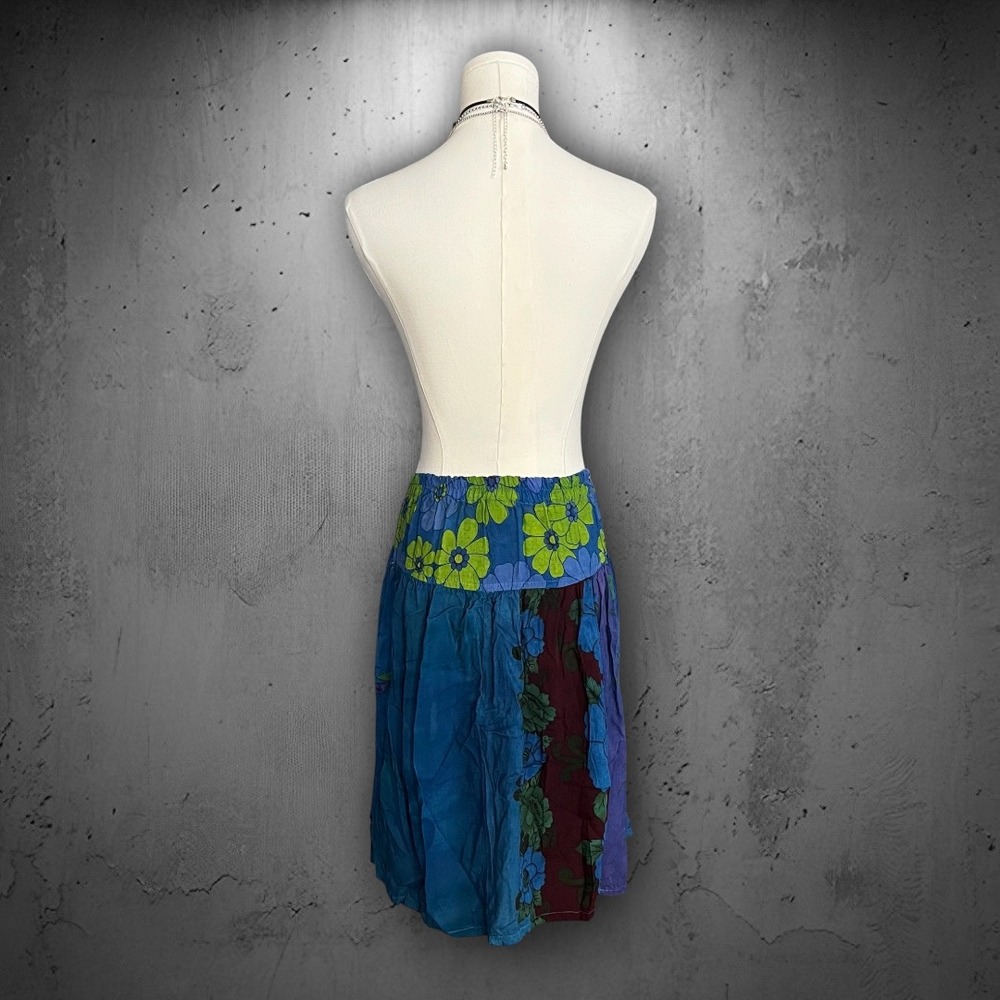 Vintage Bonartt Boho Fairy Blue Multi Floral Velvet Lace Trim Flowy Skirt M/L - Picture 5 of 8
